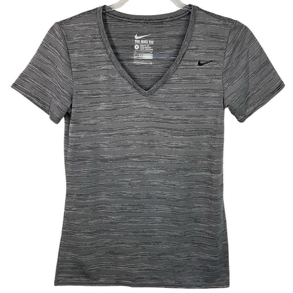 Nike Black White Striped Dri-Fit V-neck Short Sleeve Top Small